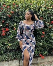 Casual Print Long Sleeve Split Midi Dress QODY-6008