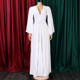 V Neck Press Pleated Big Swing Gown Long Dress GCZF-C8478