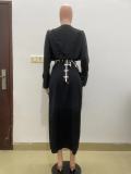 Long Sleeve V Neck Irregular Maxi Dress(Without Belt) QODY-6002