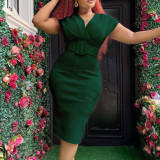 V Neck Solid Color Belt Midi Dress GCZF-8492P