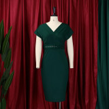 V Neck Solid Color Belt Midi Dress GCZF-8492P