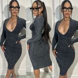 Long Sleeve V Neck Midi Dress GDIM-8040