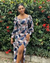 Casual Print Long Sleeve Split Midi Dress QODY-6008