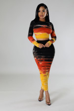 Print Long Sleeve T Shirt Two Piece Skirts Set GDIM-8056