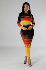 Print Long Sleeve T Shirt Two Piece Skirts Set GDIM-8056