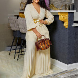 Plus Size V Neck Tie Up Pleated Solid Jumpsuit GCZF-C8468