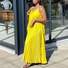 Solid Color Press Pleated Sling Maxi Dress GCZF-8571