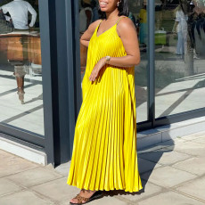 Solid Color Press Pleated Sling Maxi Dress GCZF-8571