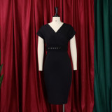 V Neck Solid Color Belt Midi Dress GCZF-8492P