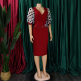 Patchwork Polka Dot Printed Bubble Sleeve Midi Dress GCZF-Q069-C1