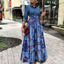 Denim Patchwork Print Big Swing Maxi Dress GCZF-8551