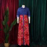 Denim Patchwork Print Big Swing Maxi Dress GCZF-8551