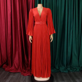 V Neck Press Pleated Big Swing Gown Long Dress GCZF-C8478