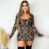 Sexy Long Sleeve Print Tight Mini Dress QODY-6009
