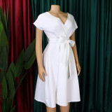Short Sleeve V Neck Belt Midi Dress GCZF-3027