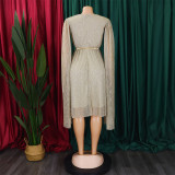 V Neck Long Sleeve Mantle Midi Dress(With Belt) GCZF-8543