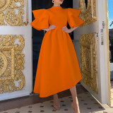 Double Ruffle Sleeve Solid Color Midi Dress GCZF-8474