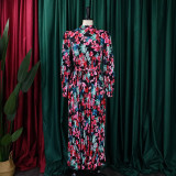 Long Sleeve Printed Pressed Pleat Tie Up Maxi Dress GCZF-8501