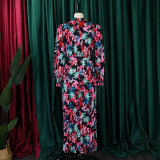 Long Sleeve Printed Pressed Pleat Tie Up Maxi Dress GCZF-8501