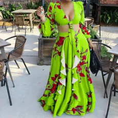 Long Sleeve Print Tops And Half Skirt Loose 2 Piece Set GCZF-8467
