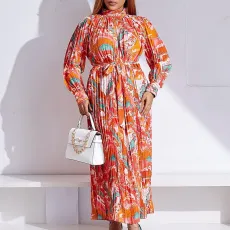 Long Sleeve Printed Pressed Pleat Tie Up Maxi Dress GCZF-8501