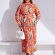 Long Sleeve Printed Pressed Pleat Tie Up Maxi Dress GCZF-8501