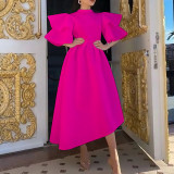 Double Ruffle Sleeve Solid Color Midi Dress GCZF-8474