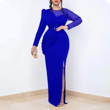 Pleated Mesh Patchwork Long Sleeve Maxi Dress GCZF-D190-C1