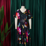 Short Sleeve Print Belt Midi Dress GCZF-8573