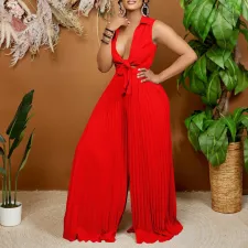 V Neck Sleeveless Tie Up Loose Jumpsuit GCZF-8533