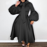 Bubble Sleeve Lace-Up Bow Big Hem Dress GCZF-C1-D427