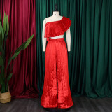 Slant Shoulder Backless Ruffle Top Wide Leg Pants Set GCZF-8518