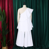 Single Shoulder Loose Tops Wide Leg Pants Suit GCZF-8537