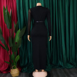 Pleated Mesh Patchwork Long Sleeve Maxi Dress GCZF-D190-C1