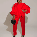 Solid Color Bubble Sleeve Two Piece Pants Set GCZF-8523