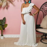 Slant Shoulder Backless Ruffle Top Wide Leg Pants Set GCZF-8518
