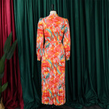 Long Sleeve Printed Pressed Pleat Tie Up Maxi Dress GCZF-8501