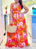 Fashion V Neck Sling Beach Print Maxi Dress GCZF-8575