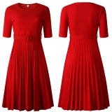 High Waist Belt Fashion Pleated Midi Dress GCZF-D028