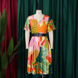 Short Sleeve Print Belt Midi Dress GCZF-8573