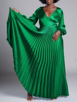V Neck Long Sleeve Press Pleated Maxi Dress GCZF-8567