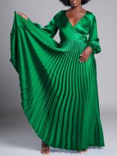 V Neck Long Sleeve Press Pleated Maxi Dress GCZF-8567