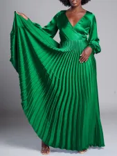 V Neck Long Sleeve Press Pleated Maxi Dress GCZF-8567