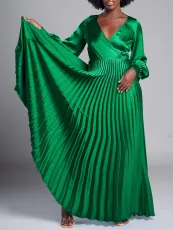 V Neck Long Sleeve Press Pleated Maxi Dress GCZF-8567