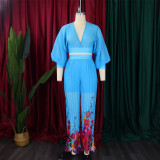 Chiffon V-neck Top Printed Wide Leg Pants Set GCZF-D440-C1