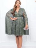 V Neck Long Sleeve Mantle Midi Dress(With Belt) GCZF-8543