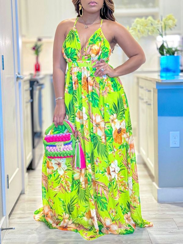 Fashion V Neck Sling Beach Print Maxi Dress GCZF-8575