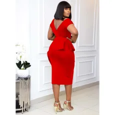 Solid Color Ruffled Short Sleeve Split Midi Dress GCZF-8547