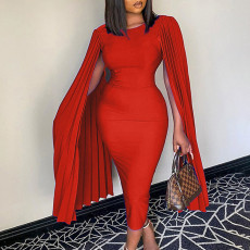 Solid Color Patchwork Cape Slim Midi Dress GCZF-8446