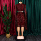 V Neck Long Sleeve Mantle Midi Dress(With Belt) GCZF-8543